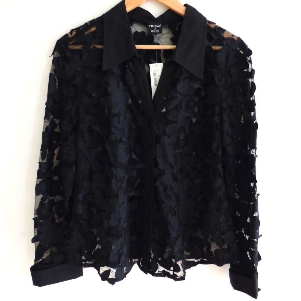 NEW Tribal Brand womens Burnout Top Sheer Black Button Front Long Sleeve Sz 16